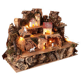 Illuminated setting with houses and sheeps for 4 cm Nativity Scene, 30x20x25 cm