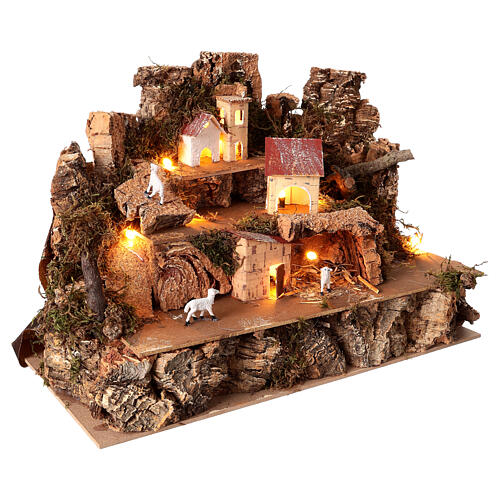 Illuminated setting with houses and sheeps for 4 cm Nativity Scene, 30x20x25 cm 2