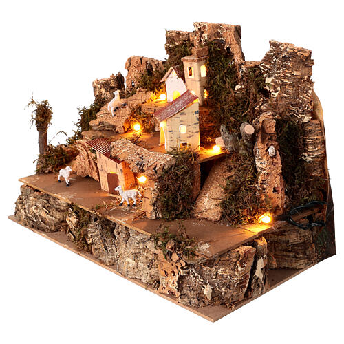 Illuminated setting with houses and sheeps for 4 cm Nativity Scene, 30x20x25 cm 3