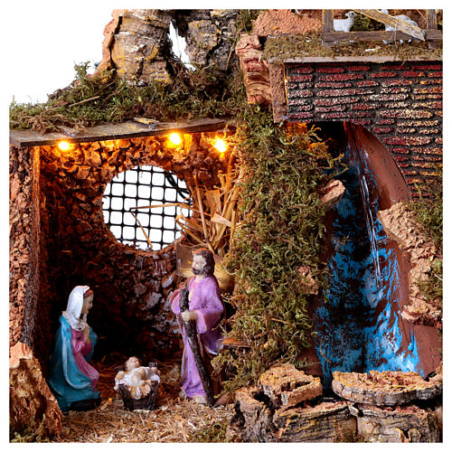 Scenography stable lights and waterfall 35x45x30 cm nativity 10 cm 2