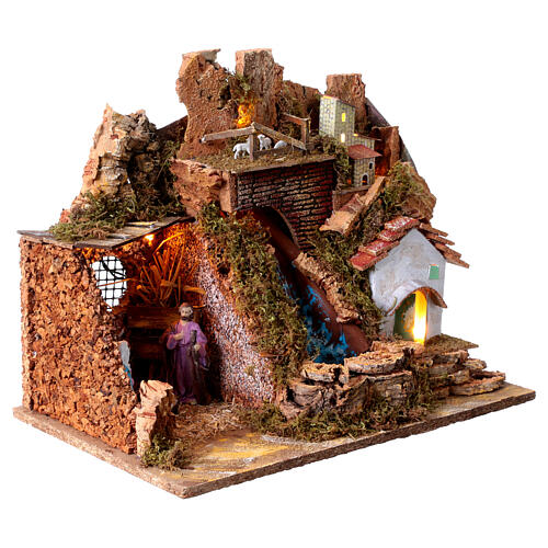 Scenography stable lights and waterfall 35x45x30 cm nativity 10 cm 5