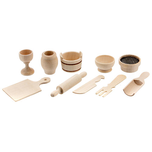 Conjunto 10 ferramentas de cozinha em miniatura de madeira para presépio com figuras de altura média 8 cm 1