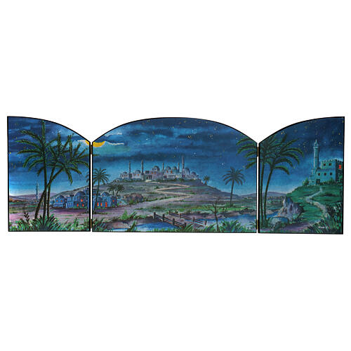 Ogival triptych, Arabic Nativity Scene background, wood, 14x40 in 1