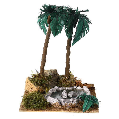 Palmeira dupla com lago resina 25x20x20 cm para presépio com figuras de 8 cm 1