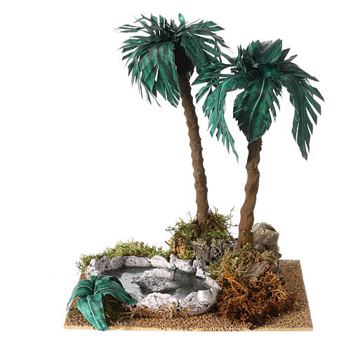 Double palm with lake Nativity scene 8 cm resin 25x20x20 cm 5