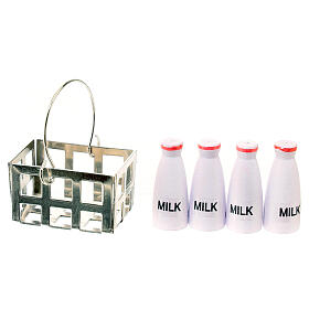 Set cesto quattro bottiglie latte presepe 12 cm h reale 3,5 cm