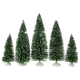 Set of 5 snow-covered pine trees in various sizes 25cm, 20cm and 14cm