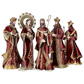 Nativity Scene with 5 statues, red and gold, metal, h 44 cm