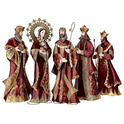 Nativity Scene with 5 statues, red and gold, metal, h 44 cm 1