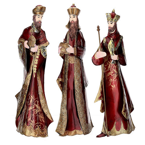 Presépio de Natal Natividade 4 figuras metal vermelho e dourado 44 cm 6