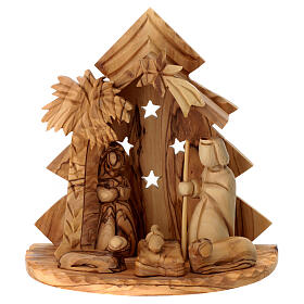 Stable for 8 cm Nativity Scene with stylized tree Bethlehem olive wood 15x15x10 cm