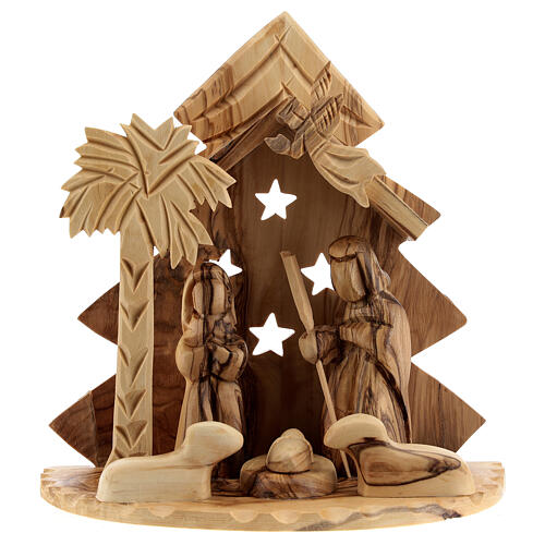 Stable for 8 cm Nativity Scene with stylized tree Bethlehem olive wood 15x15x10 cm 1