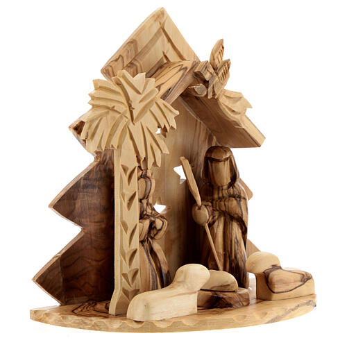 Stable for 8 cm Nativity Scene with stylized tree Bethlehem olive wood 15x15x10 cm 3