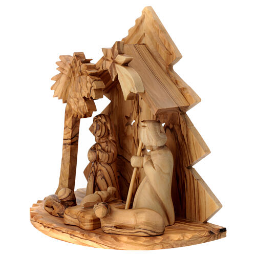 Stable for 8 cm Nativity Scene with stylized tree Bethlehem olive wood 15x15x10 cm 2