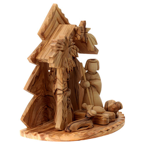 Stable for 8 cm Nativity Scene with stylized tree Bethlehem olive wood 15x15x10 cm 3