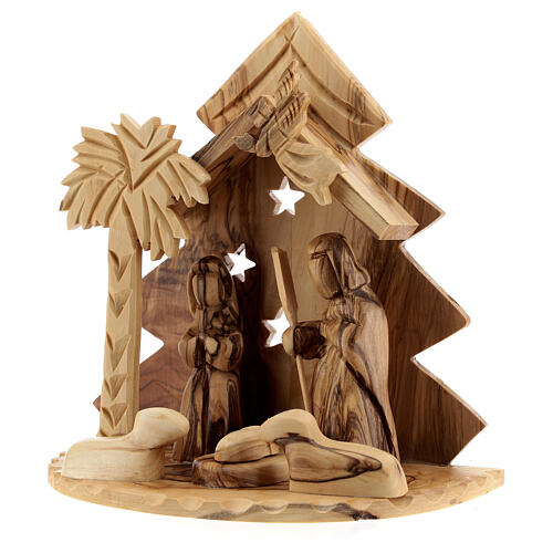 Stable with Holy Family 8 cm stylized tree Bethlehem olive wood 15x15x10 cm 2