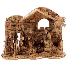 Stable with Nativity Scene 14 figurines of 20 cm average height with music box Palestine olive wood 45x65x35 cm