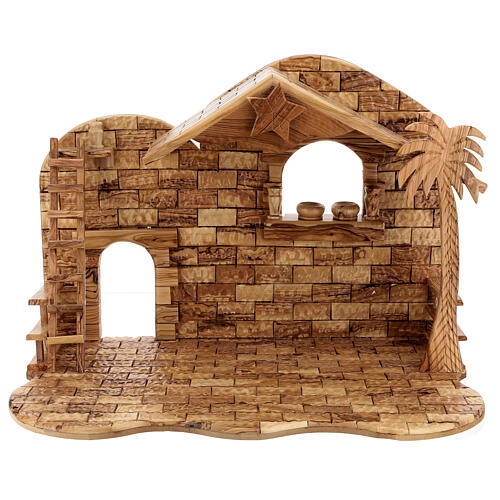 Stable with Nativity Scene 14 figurines of 20 cm average height with music box Palestine olive wood 45x65x35 cm 14