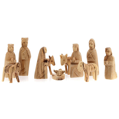 Stajenka ze Sceną Narodzin, pień drewno oliwne, 11 figurek 10 cm, Betlemme, 20x30x20 cm 4