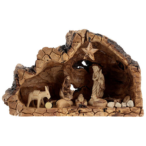 Natural wood stable with Holy Family 10 cm Bethlehem olive wood 20x35x15 cm 1