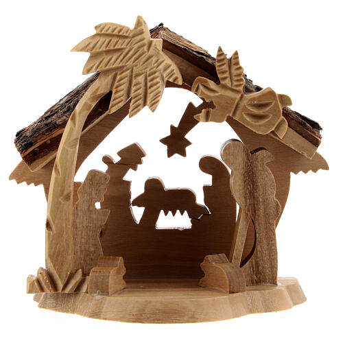 Stable with Holy Family cut-outs of 4 cm Bethlehem olive wood 10x10x5 cm 1