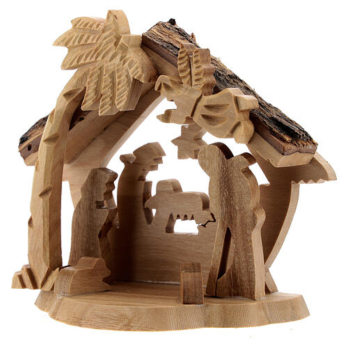 Stable with Holy Family cut-outs of 4 cm Bethlehem olive wood 10x10x5 cm 2