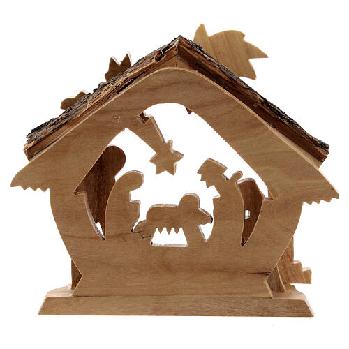 Stable with Holy Family cut-outs of 4 cm Bethlehem olive wood 10x10x5 cm 4
