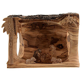 Trunk Nativity Scene stable with stylized Holy Family of 3,5 cm Bethlehem olive wood 10x10x5 cm