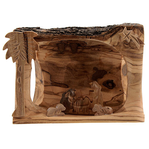 Trunk Nativity Scene stable with stylized Holy Family of 3,5 cm Bethlehem olive wood 10x10x5 cm 1