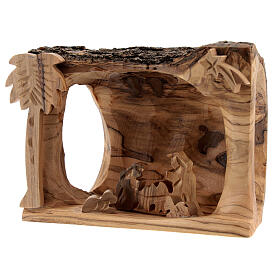 Bark stable with stylized Holy Family 3,5 cm Bethlhem olive wood 10x10x5 cm