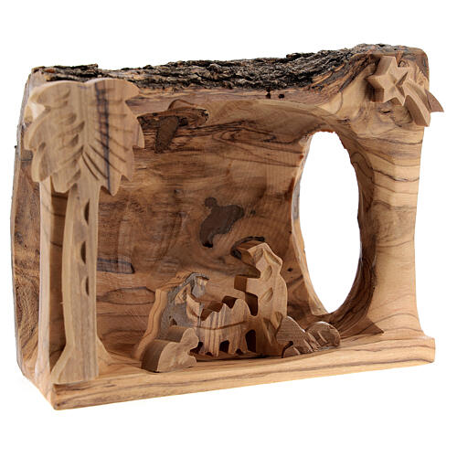 Bark stable with stylized Holy Family 3,5 cm Bethlhem olive wood 10x10x5 cm 3