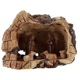 Natural wood cave with Holy Family 6 cm Bethlehem olive wood 15x20x10 cm