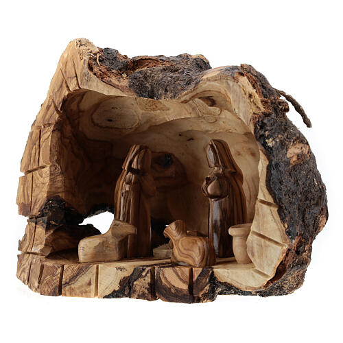 Natural wood cave with Holy Family 6 cm Bethlehem olive wood 15x20x10 cm 2