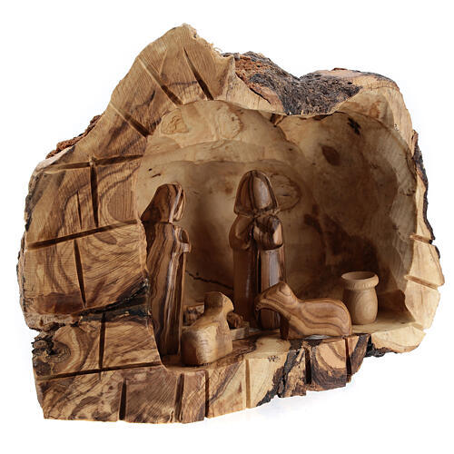 Natural wood cave with Holy Family 6 cm Bethlehem olive wood 15x20x10 cm 3