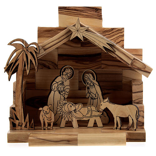 Cabaña Natividad estatuas bidimensionales 5 cm madera olivo Belén 1
