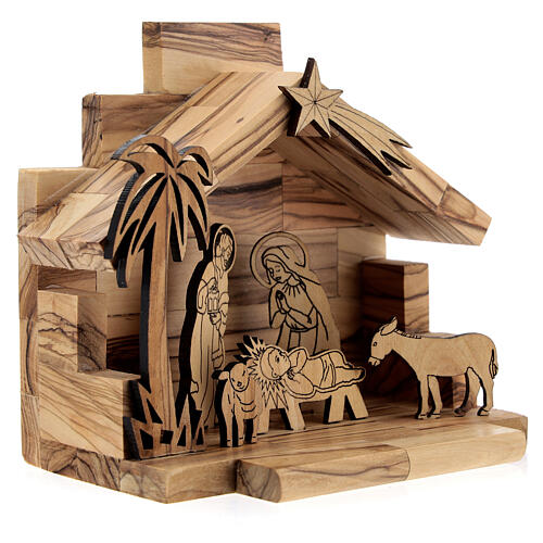 Cabane Nativité santons bidimensionnels 5 cm bois olivier Bethléem 3