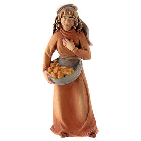 Shepherdess with food for stylized Nativity Scene 14 cm Val Gardena wood