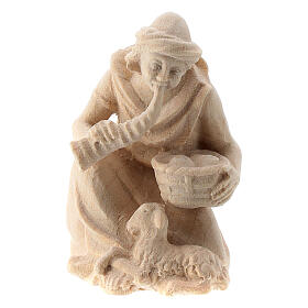 Shepherd natural wood statue with lamb horn, 10 cm Val Gardena nativity 