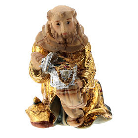 Rei Mago ajoelhado com ouro figura de madeira para presépio Val Gardena modelo Matteo com personagens altura média 12 cm