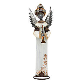 Anjo branco estilizado com trombeta madeira e metal para presépio com figuras altura média 60 cm