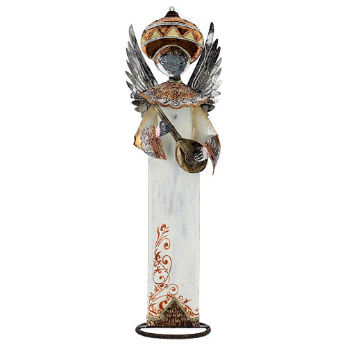 Anjo branco com bandolim madeira e metal para presépio com figuras altura média 60 cm 1