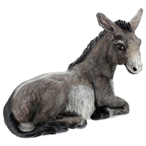 Fibreglass statue of a donkey with crystal eyes, painted, for Landi's outdoor Nativity Scene of 100 cm 3