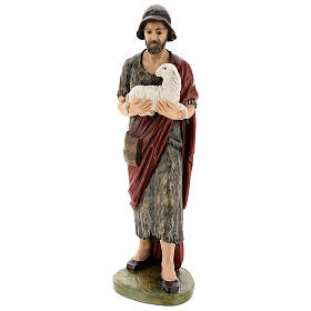 Standing shepherd with lamb, fibreglass statue with crystal eyes, painted for outdoor, Landi's Nativity Scene of 65 cm