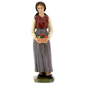 Young shepherdess with bowl of fruits, fibreglass statue with crystal eyes, painted for outdoor, Landi's Nativity Scene of 65 cm