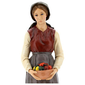 Young shepherdess with bowl of fruits, fibreglass statue with crystal eyes, painted for outdoor, Landi's Nativity Scene of 65 cm