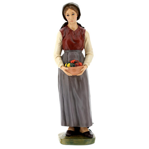 Young shepherdess with bowl of fruits, fibreglass statue with crystal eyes, painted for outdoor, Landi's Nativity Scene of 65 cm 1