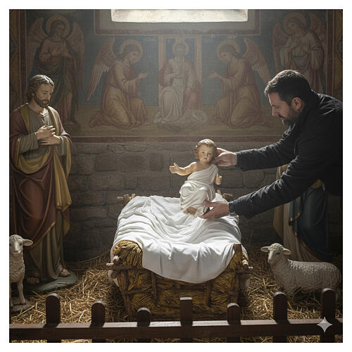 Żłóbek dekorowany dla Dzieciątka Jezus, włókno szklane 100x75x40 cm, szopka Landi 160 cm, na zewnątrz 5