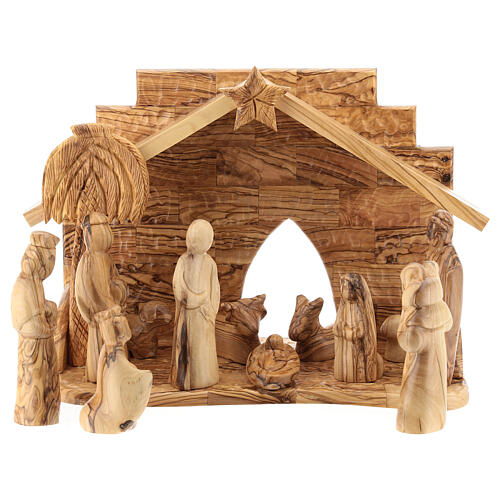 Olivewood stable for Nativity Scene with 12 figurines of 12 cm 20x30x15 cm 1
