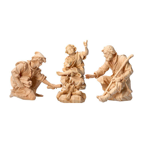 Shepherds around the fire, set of 4, for Mountain Nativity Scene of 10 cm, Swiss pinewood 1