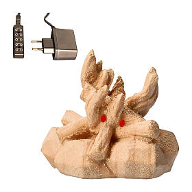 Lagerfeuer mit Lämpchen und Transformator, für 10 cm Grödner Krippe, Linie Montano Cirmolo, aus Naturholz